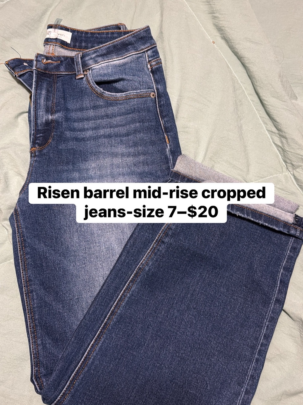 Risen Mid-Rise Barrel Cropped Jeans — Dark Blue